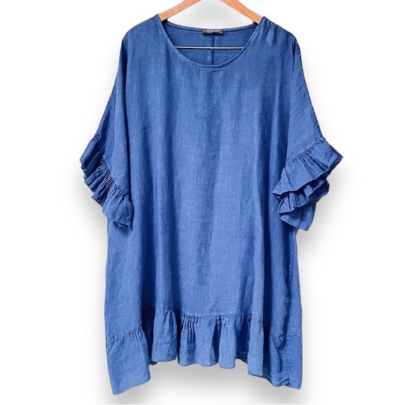 Piazza Del Tempio | Linen Elbow Sleeve Ruffle Dress | Medium | Blue | $35 - Picture 5 of 6